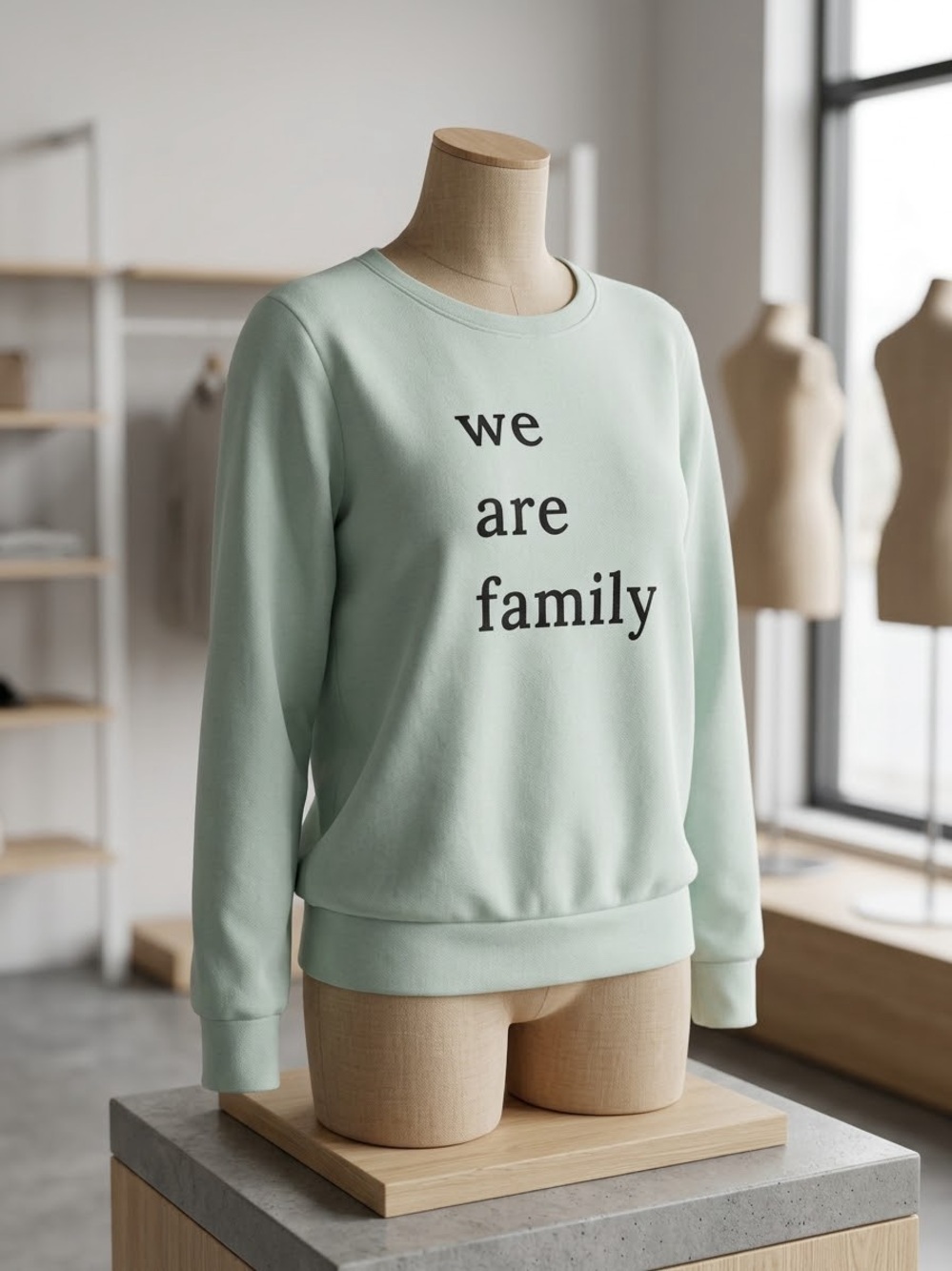 LC Lauren Conrad Mint Green Crewneck Sweater with 'We Are Family' Print